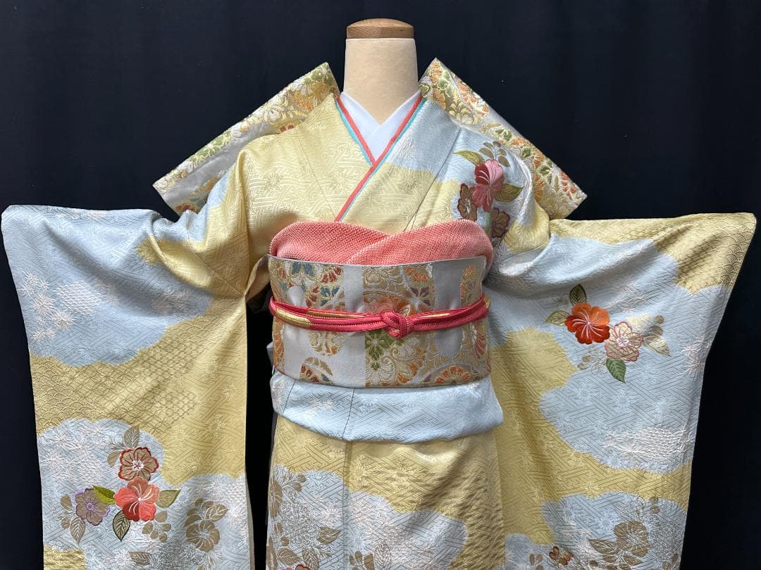 千總 桶絞り刺繍パステルカラー 振袖 川島織物袋帯フルセット