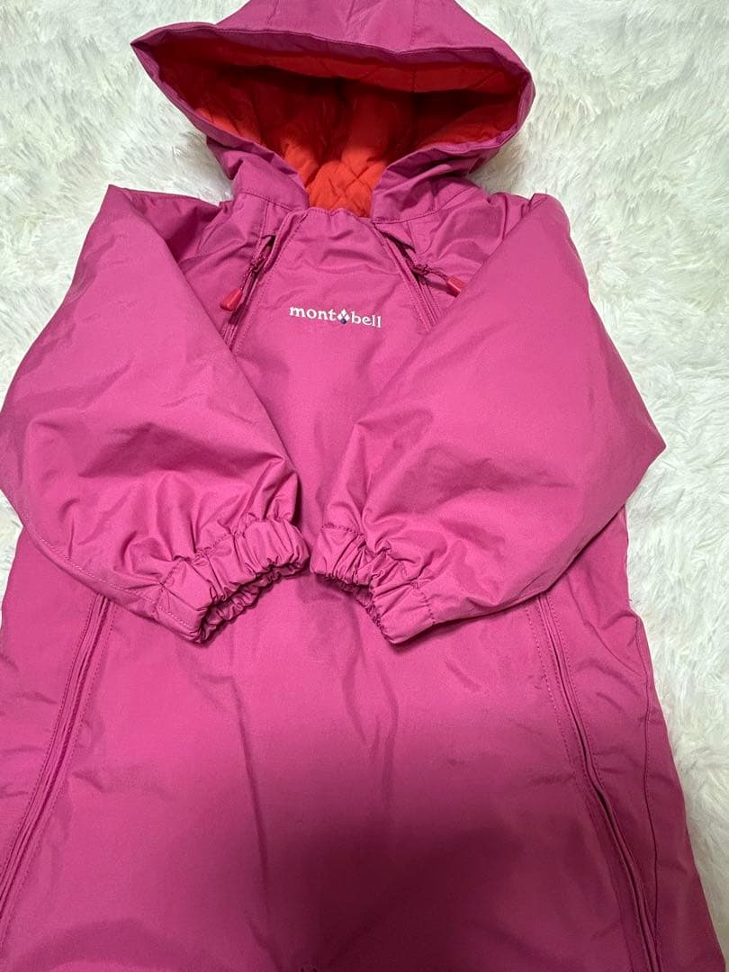 mont-bell 子どもフード付きオーバーオール ピンク　雪遊び　スノーウェア