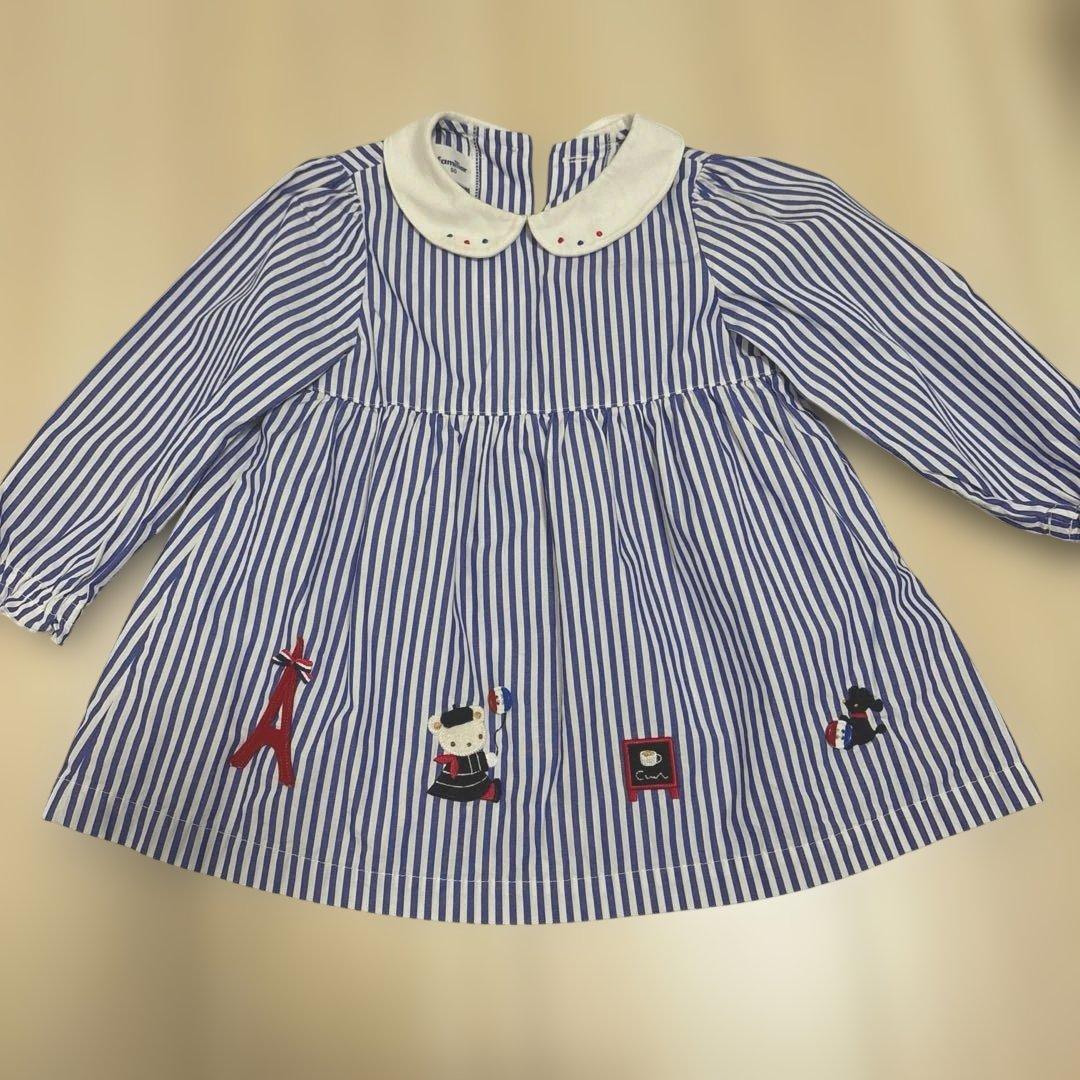 【美品】familiar 90 チュニックワンピース 青と白ストライプ