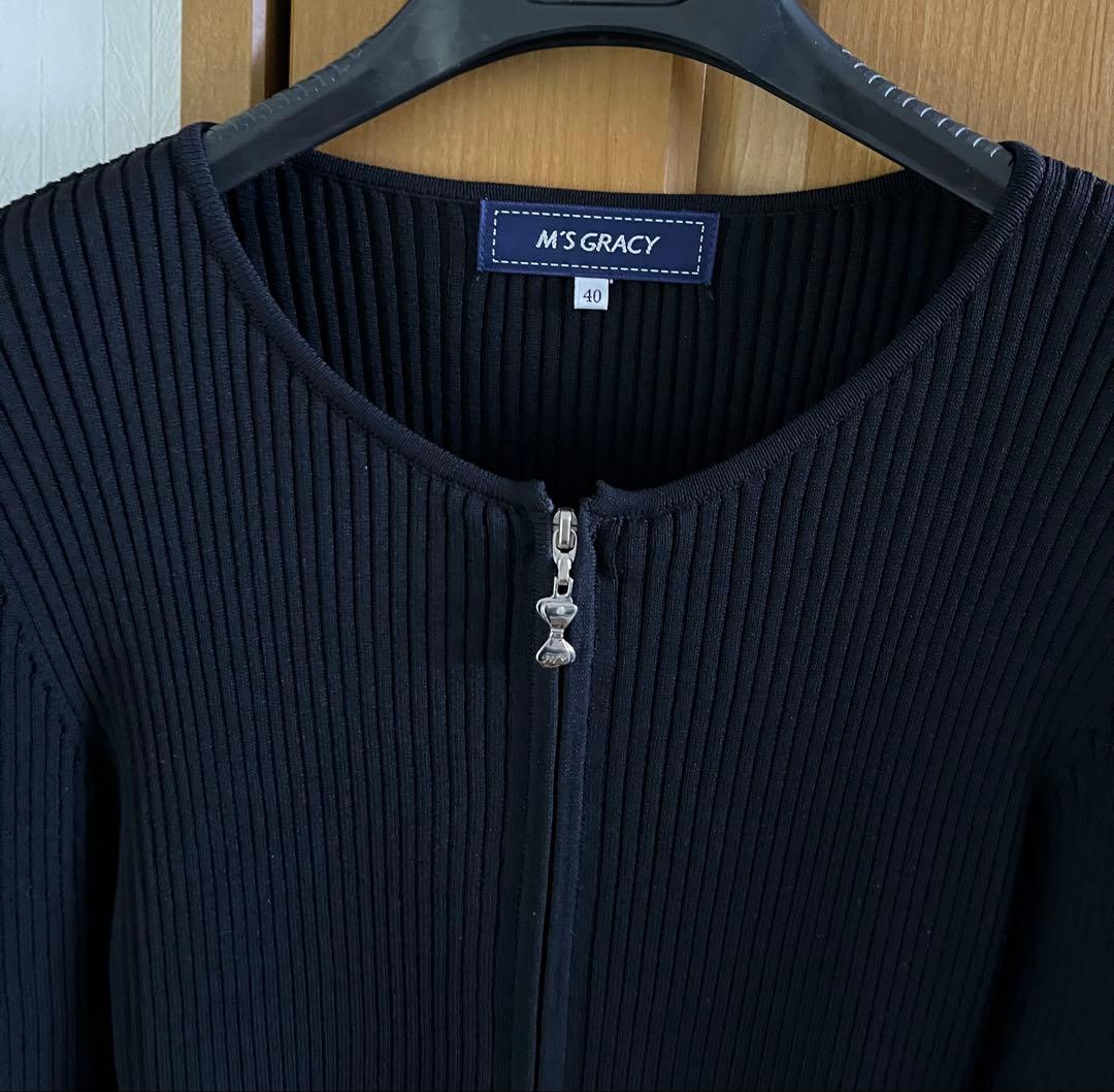 美品 M’S GRACY カタログ掲載 袖リボン ジップニット 黒 40