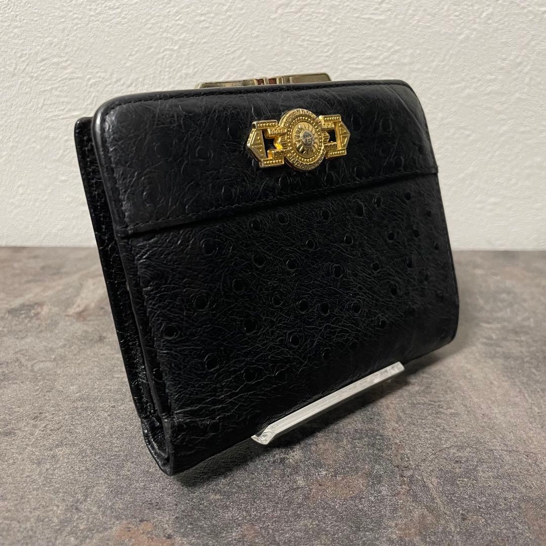 VERSACE ヴェルサーチ 黒 レザー 二つ折り財布 金具付き がま口