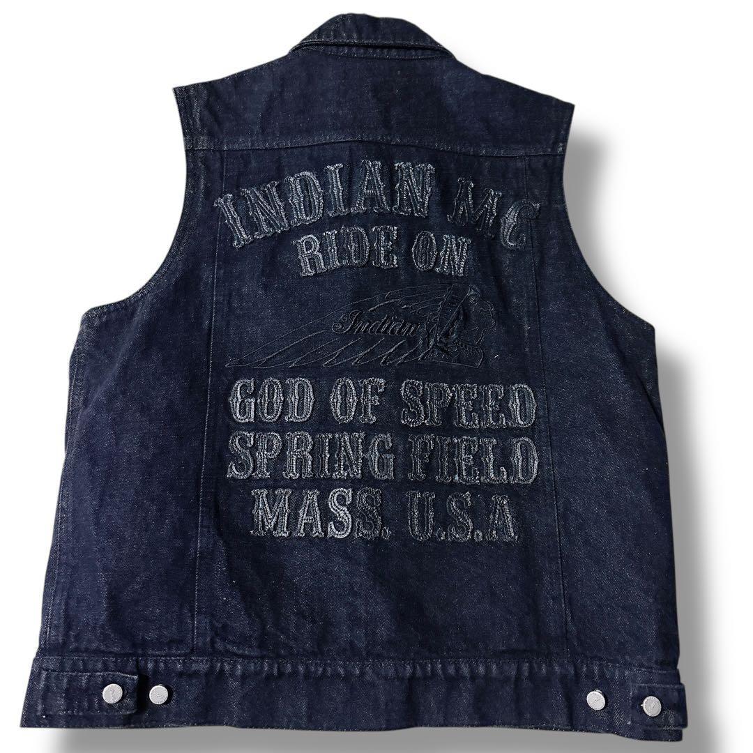 美品 INDIAN MOTORCYCLE デニム ベスト 刺繍 ワッペン レザー