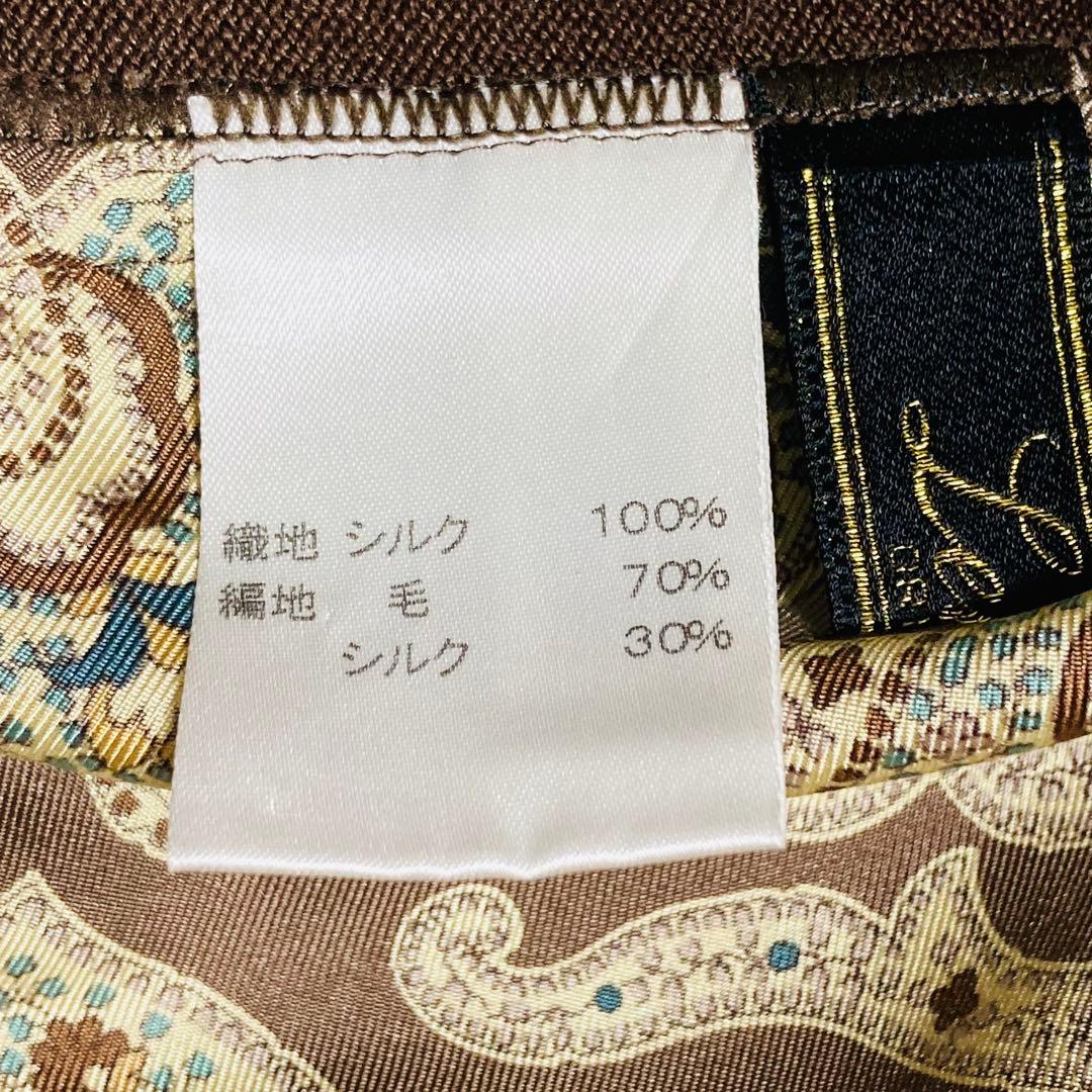 レリアン　シルク100% ウール　切り替え　カーディガン　ブラウン　15＋