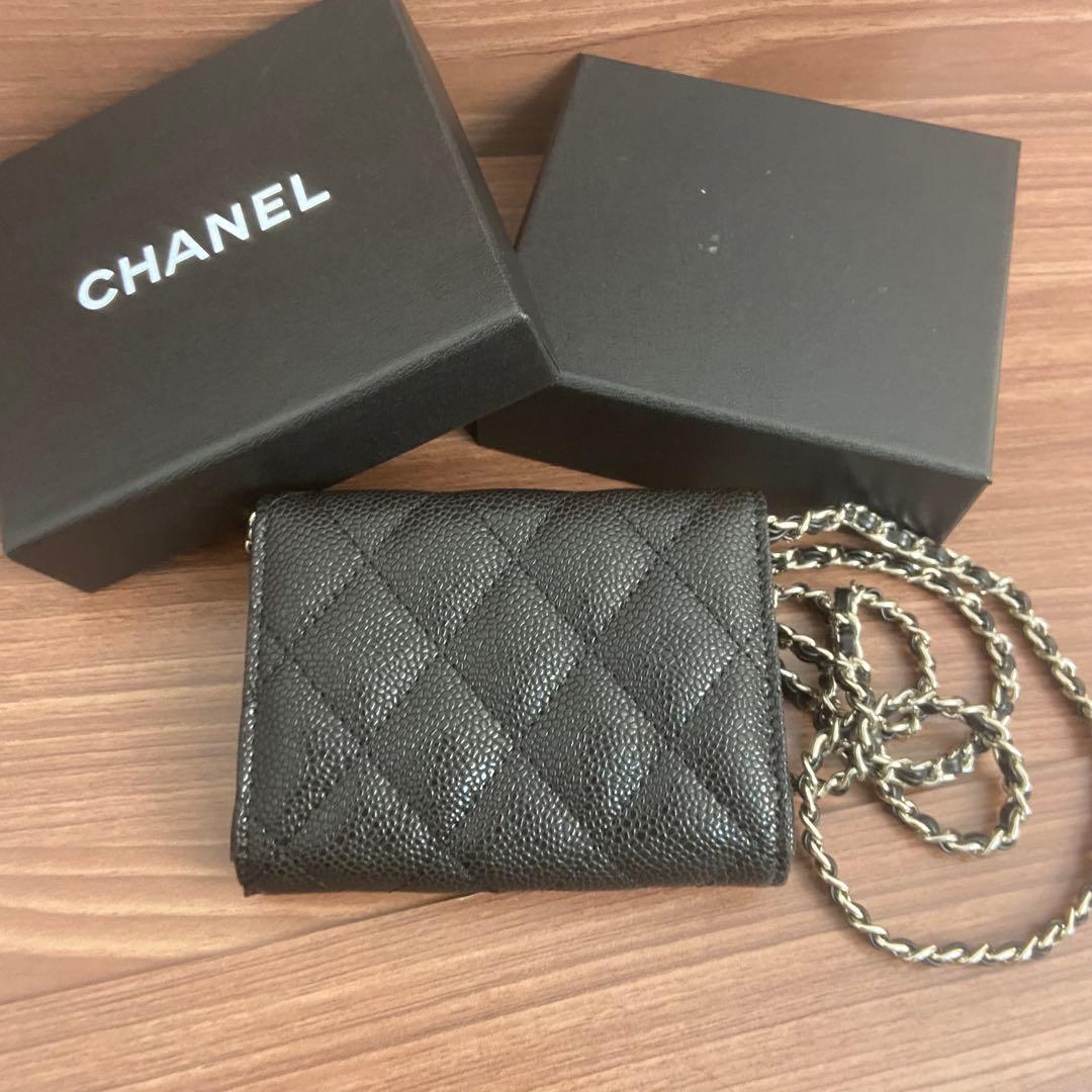 CHANEL シャネル マトラッセ チェーン付き 三つ折り財布 ブラック