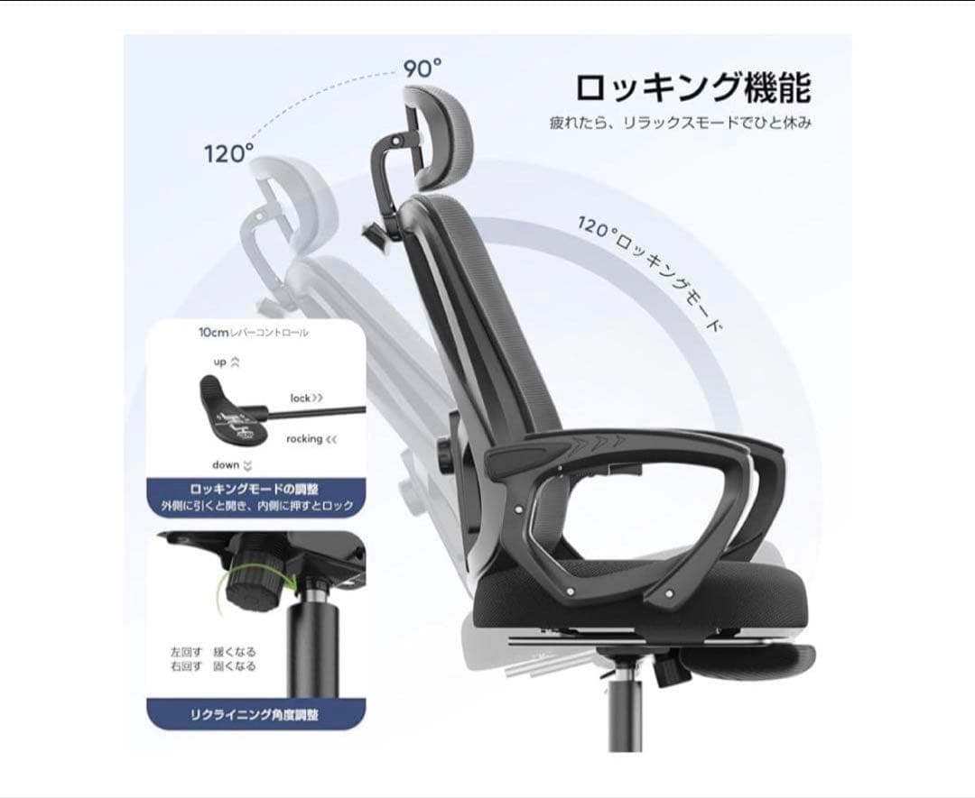 新品 メッシュオフィスチェア フットレスト付リクライニング ハイバック 在宅 黒