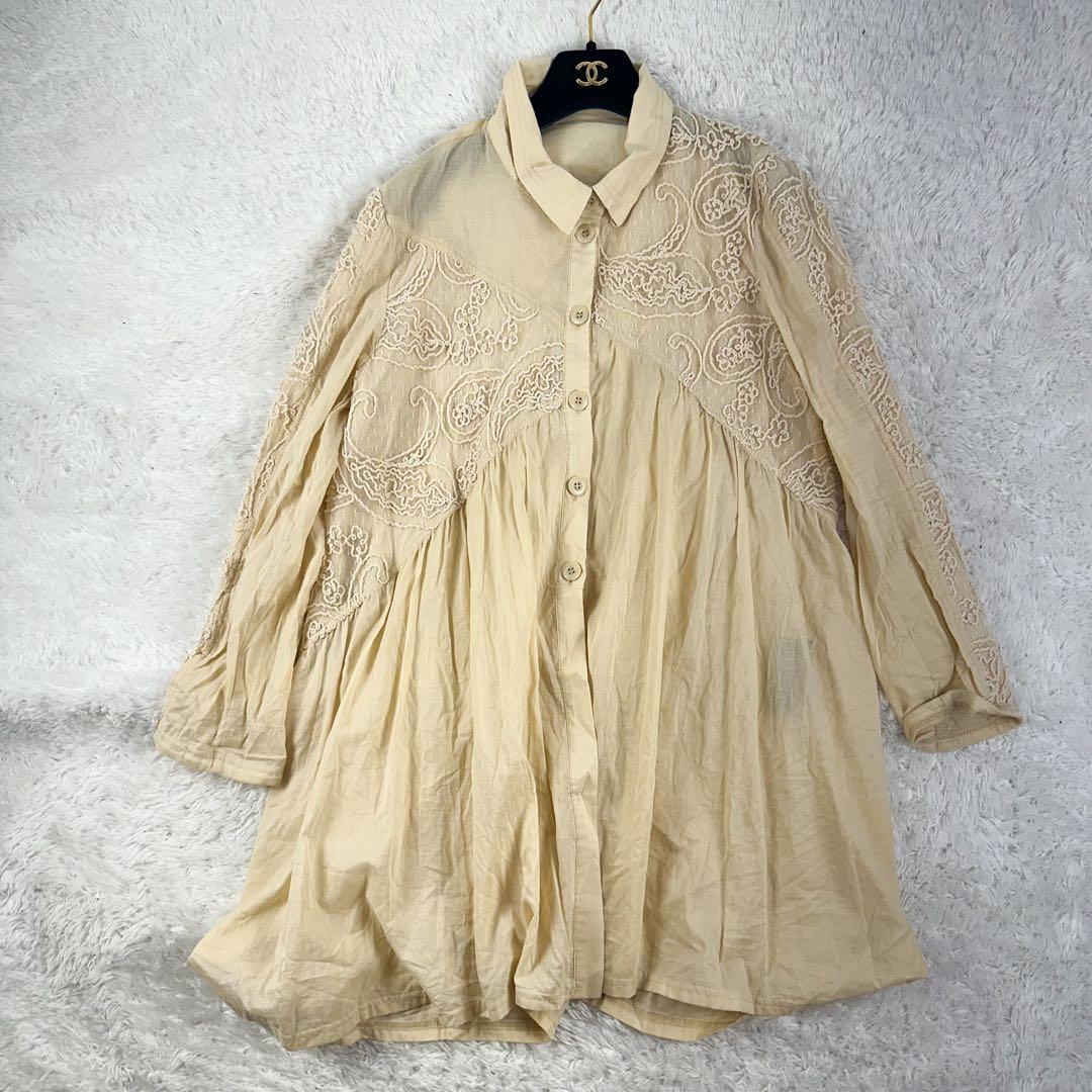 エイココンドウ　長袖ワンピース　綿100% チュニック　レース　XL ベージュ