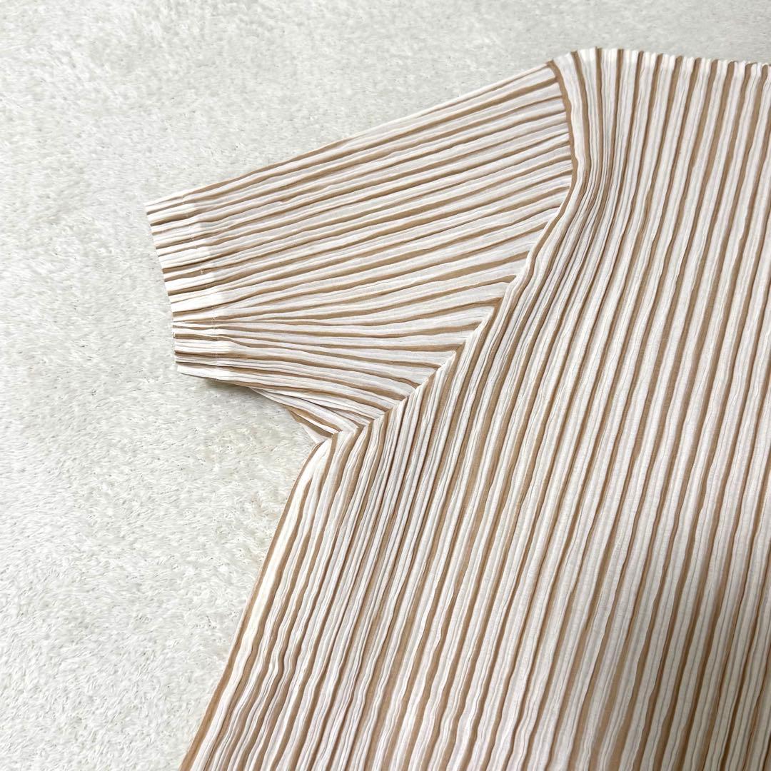 極美品✨ISSEY MIYAKE プリーツ　ストライプ　ブラウン　ホワイト　半袖