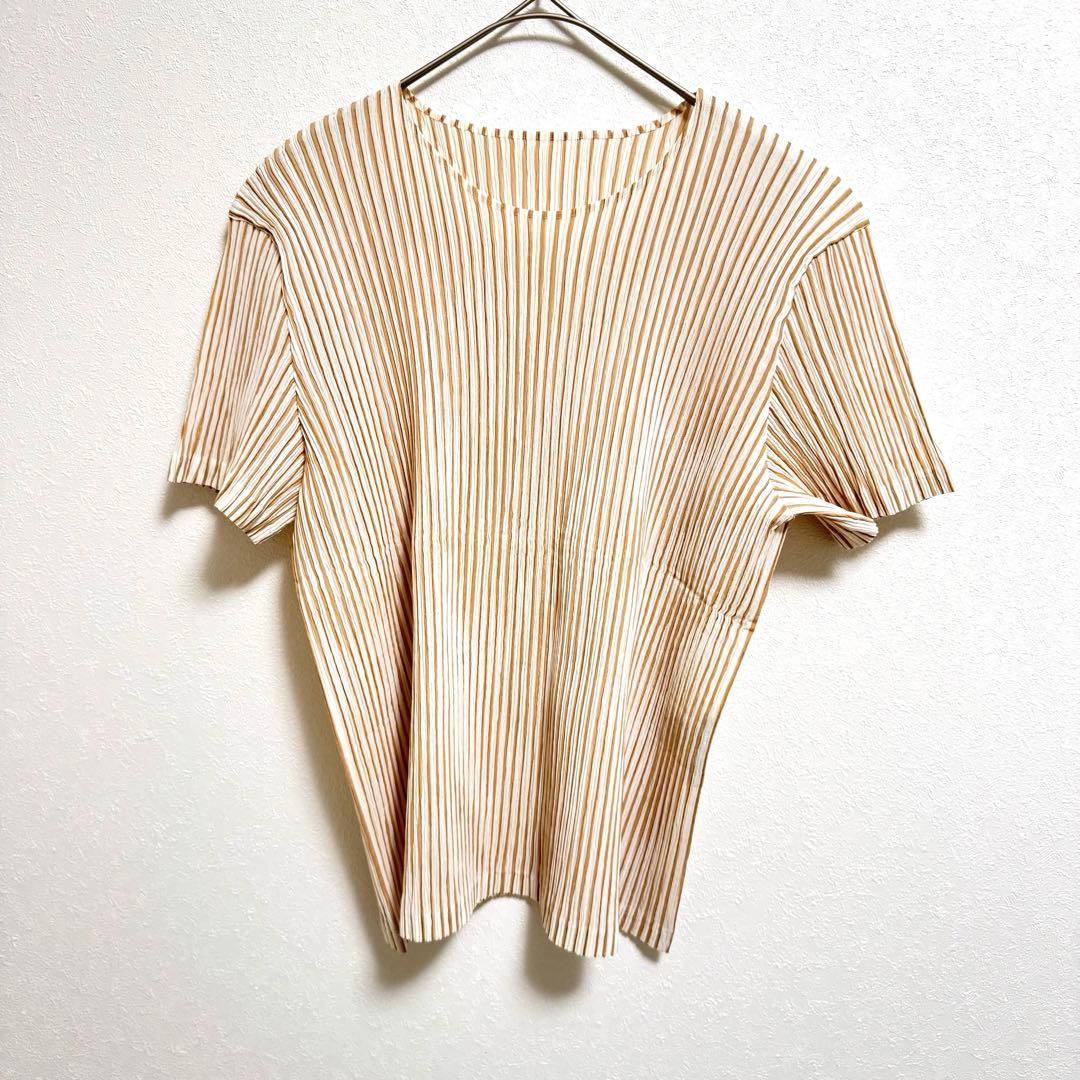 極美品✨ISSEY MIYAKE プリーツ　ストライプ　ブラウン　ホワイト　半袖