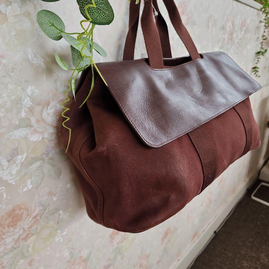 HERMESブラウン レザー キャンバス ボストンバッグ