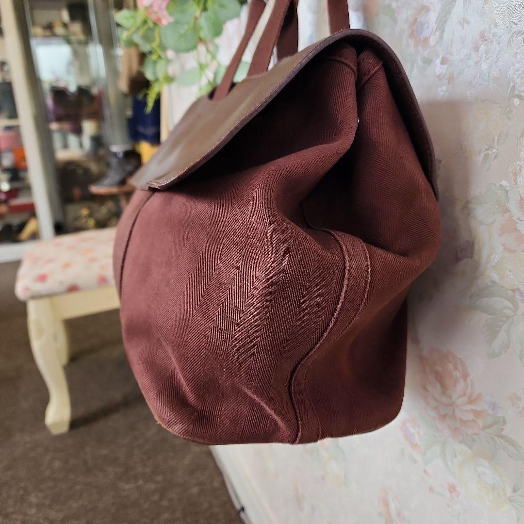 HERMESブラウン レザー キャンバス ボストンバッグ