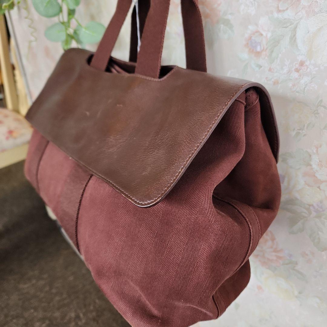 HERMESブラウン レザー キャンバス ボストンバッグ