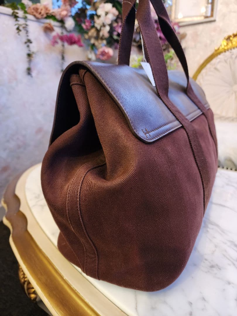 HERMESブラウン レザー キャンバス ボストンバッグ