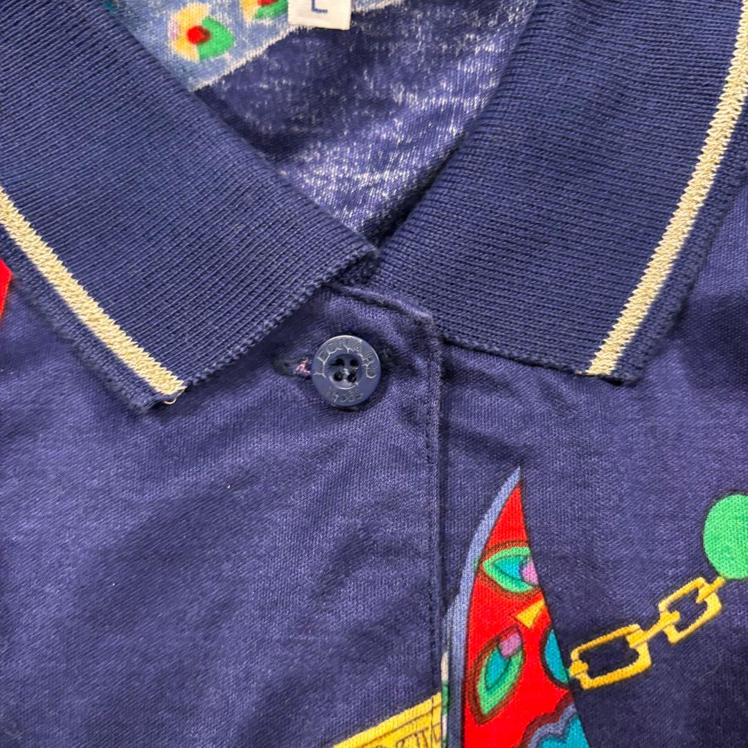 ★LEONARD SPORT★L★カラフル装飾 紺長袖ポロシャツ★左胸ロゴ刺繍有