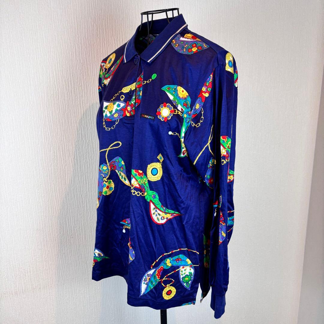 ★LEONARD SPORT★L★カラフル装飾 紺長袖ポロシャツ★左胸ロゴ刺繍有