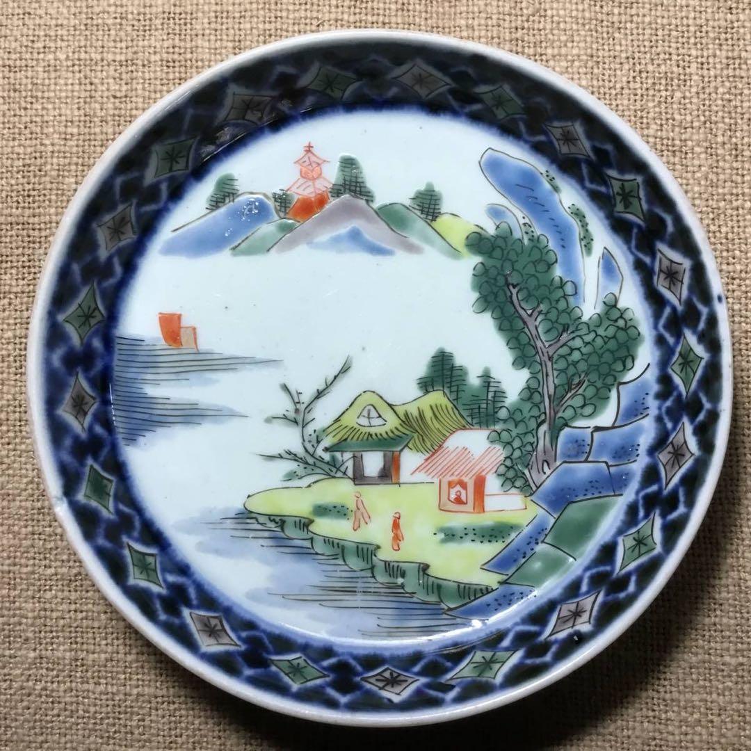 古伊万里◆小皿２枚◆色絵 染付 ４寸 12㎝ 山水 手塩皿 豆皿 銘々皿 和食器