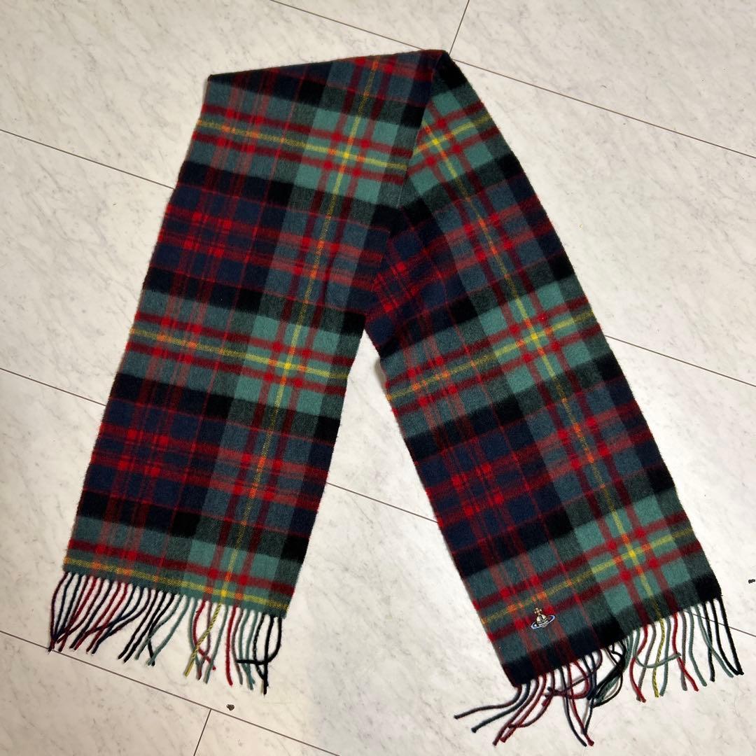 極上美品　ヴィヴィアンウエストウッド チェック柄カシミヤマフラー オーブ刺繍入り