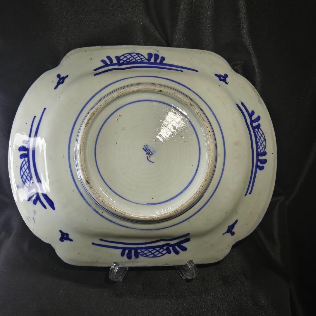 古伊万里 染付大皿34×27.8cm幕末骨董 手描き山水風景文 銘:玩 古美術