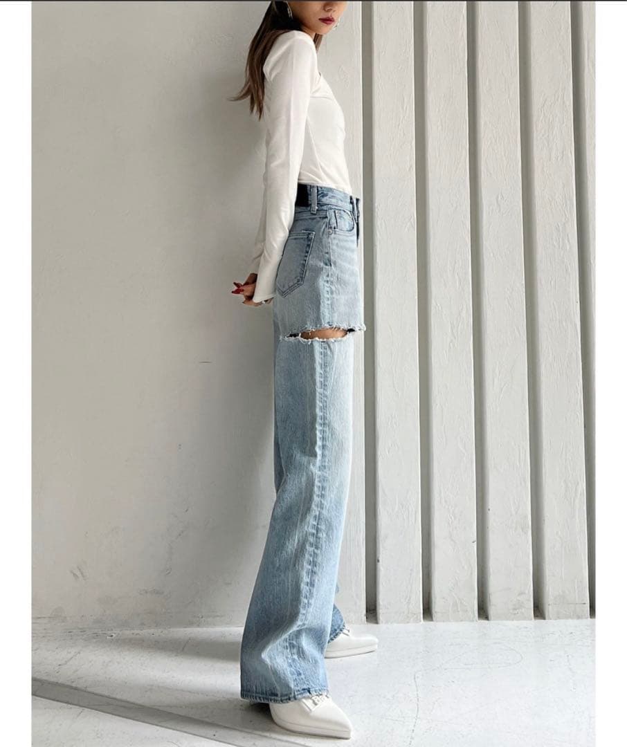 GYDA H/W BOTH SIDE RIPPEDストレートワイドデニムパンツ