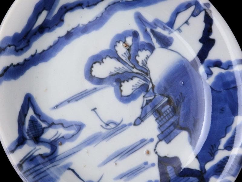 古伊万里　染付　山水楼閣の図　６寸皿　C163 AS-CZg