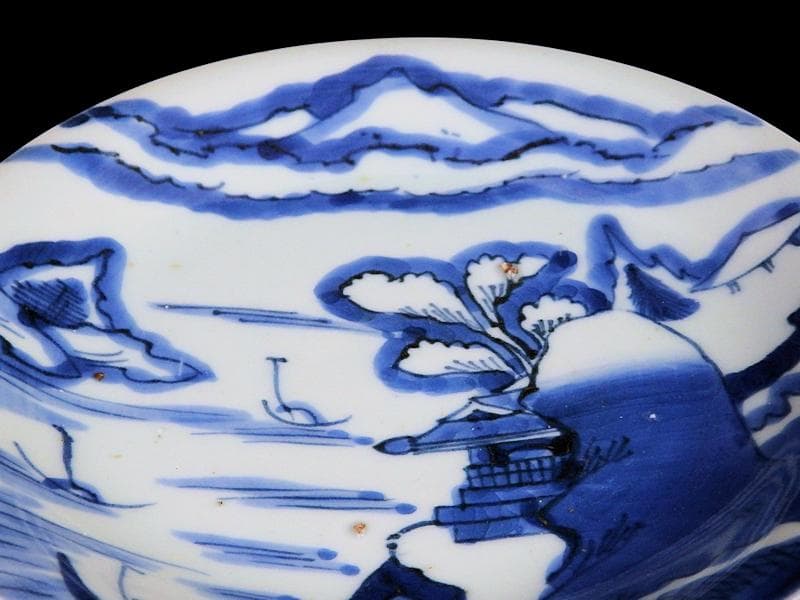 古伊万里　染付　山水楼閣の図　６寸皿　C163 AS-CZg