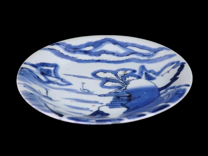 古伊万里　染付　山水楼閣の図　６寸皿　C163 AS-CZg