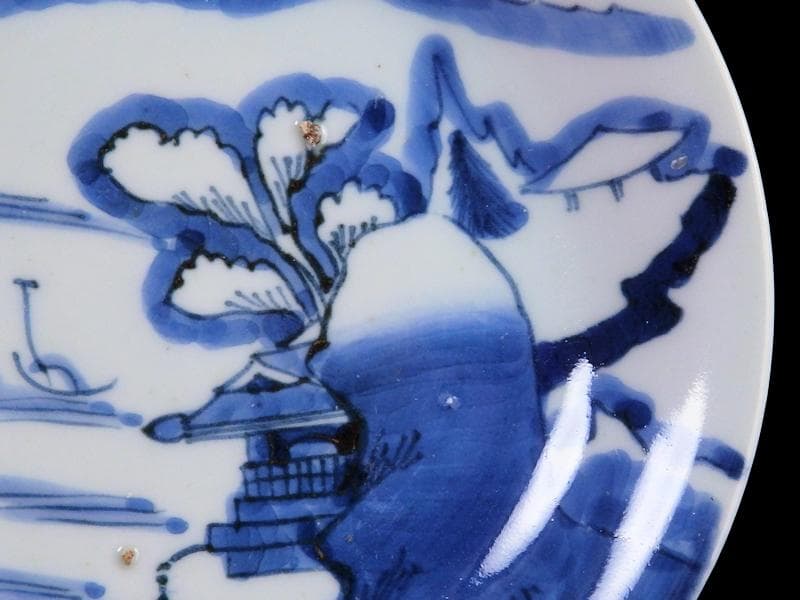 古伊万里　染付　山水楼閣の図　６寸皿　C163 AS-CZg