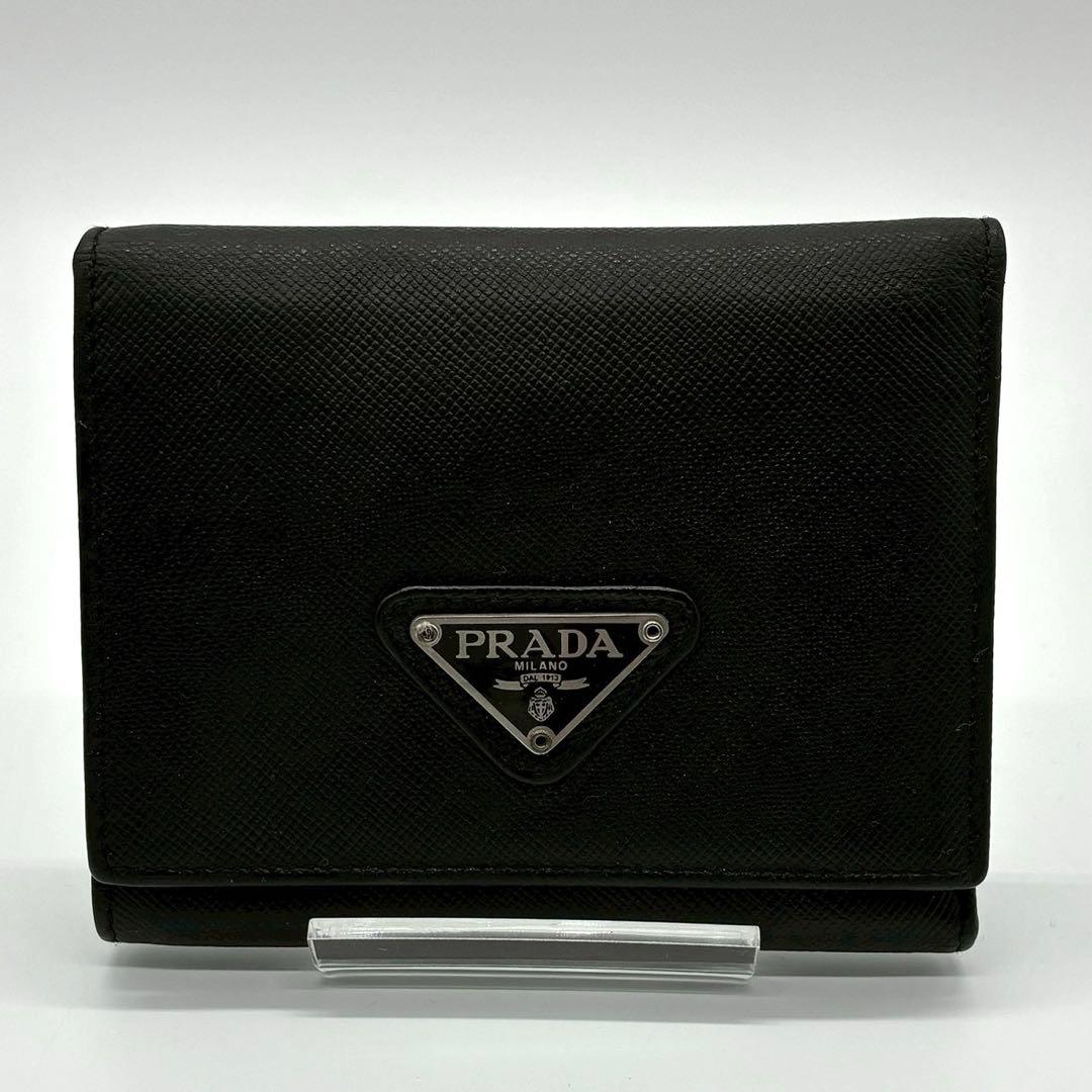 美品✨️PRADA 三角ロゴプレート 三つ折財布 コンパクトウォレット ブラック