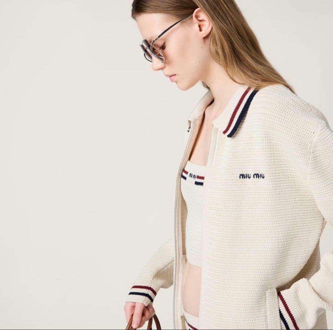 miumiu コットンニット ジッパーカーディガン アイボリー