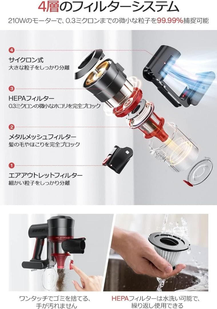 掃除機 コードレス 45000pa 2WAY 強力吸引 サイクロン