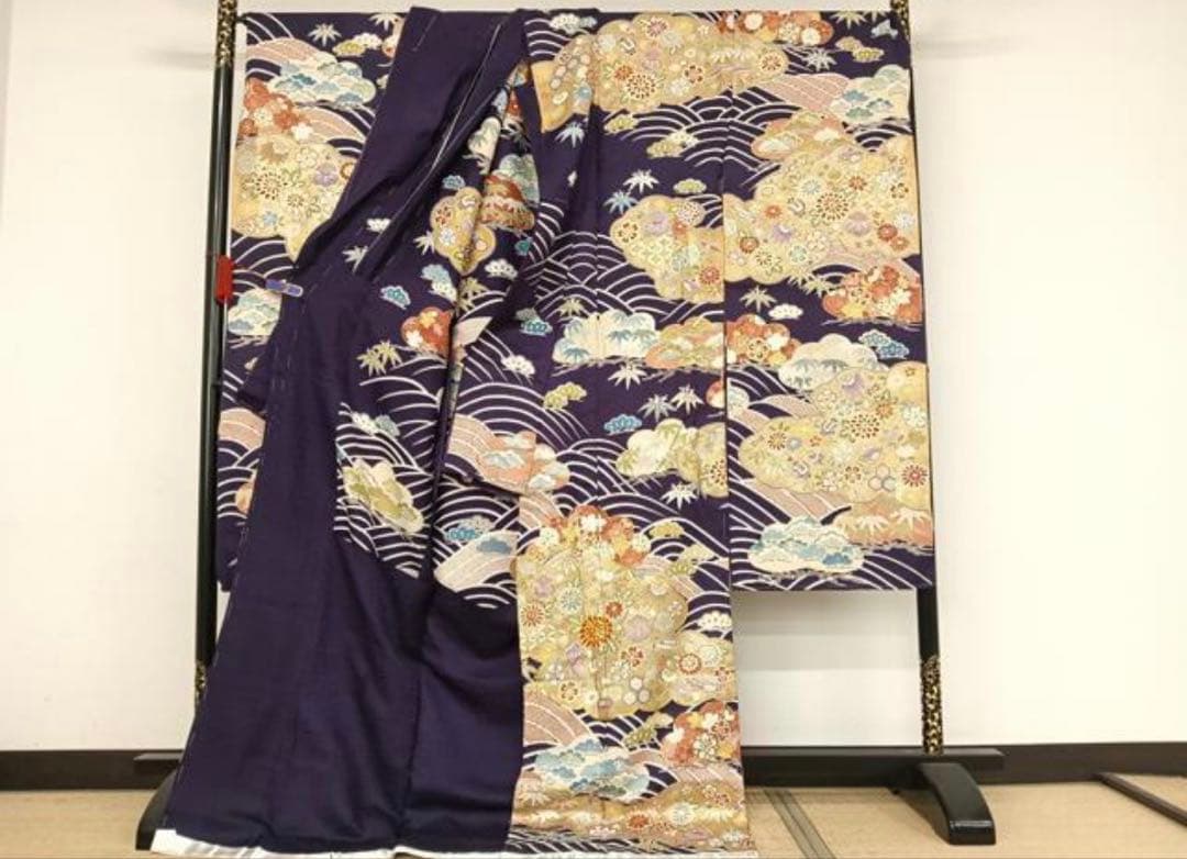 振袖　最高級ブランド武者小路一樹庵　仮絵羽　紺色　丹後ちりめん