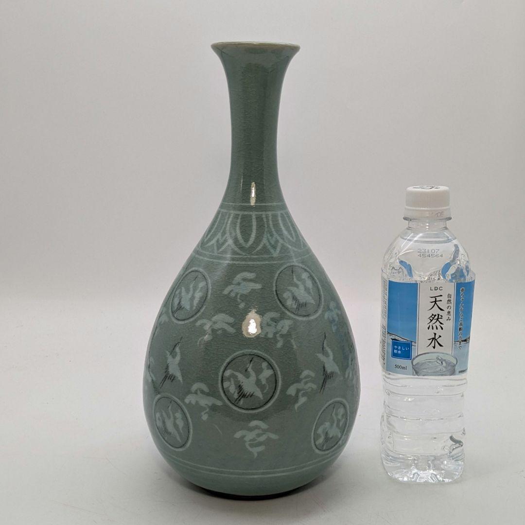 芸林陶芸 申根洙 作 象嵌丸紋雲鶴文青磁花瓶 共箱 鶴首 花器 フラワーベース