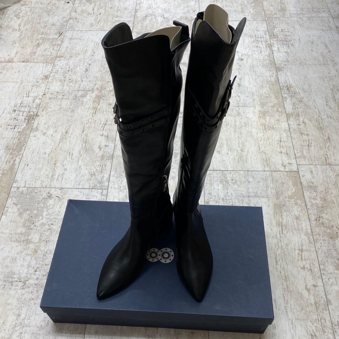 新品　大きいサイズ　8　ブラックレザー ニーハイブーツ バックル付き　革　41