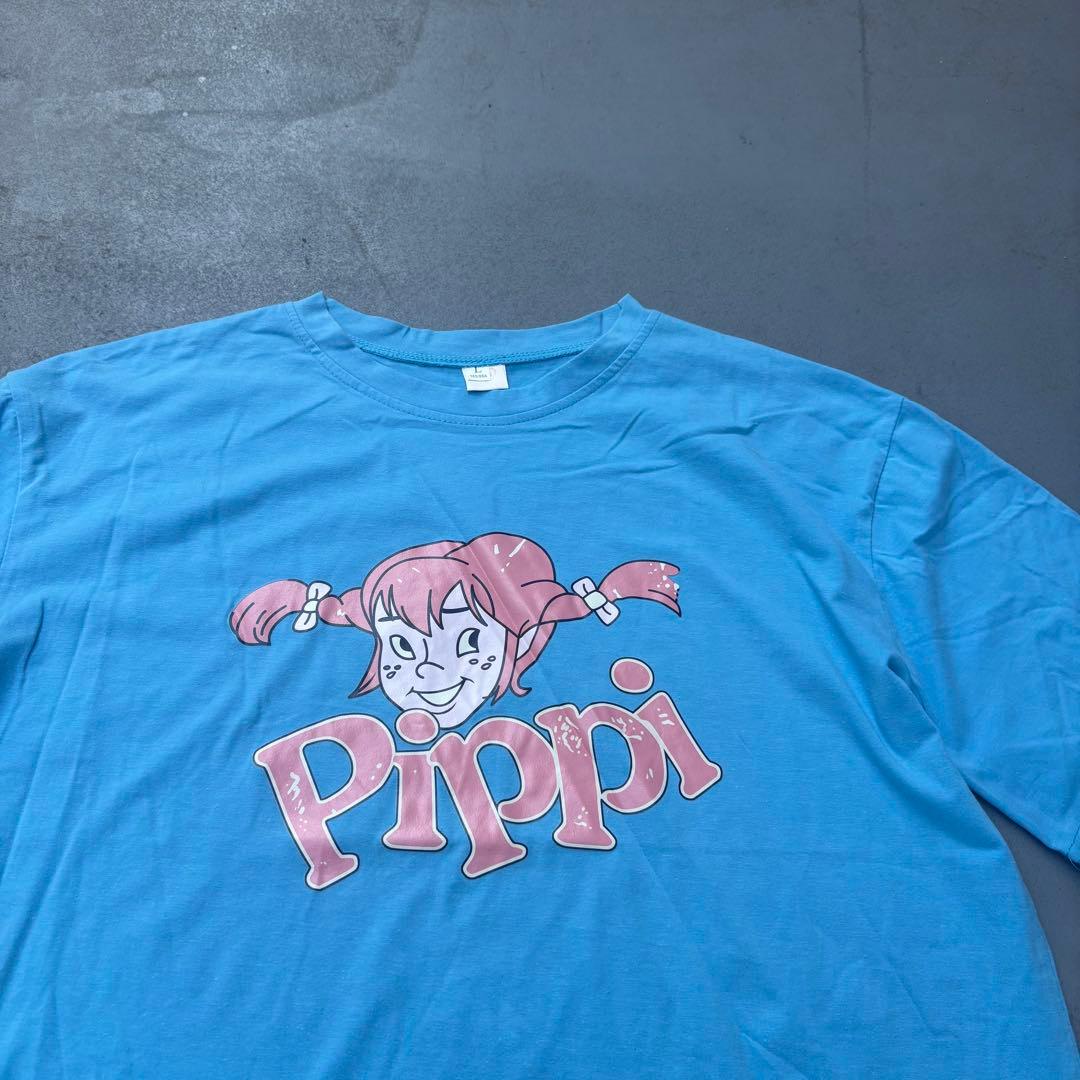 00s Pippi プリントデザイン　水色　半袖　tシャツ　カットソー　メンズ