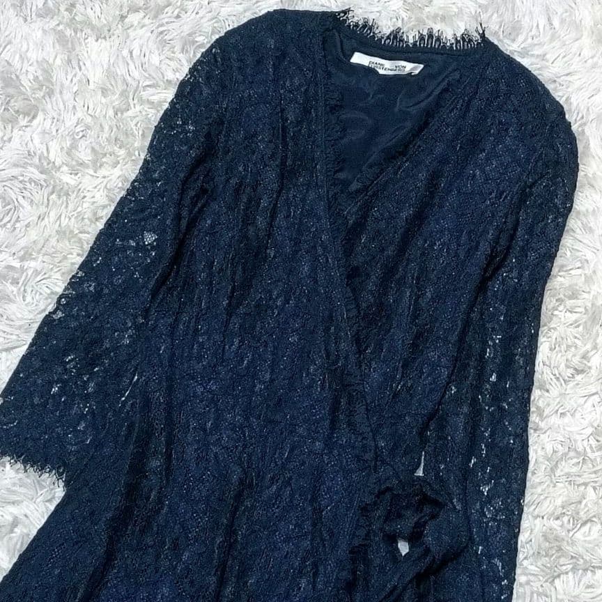 DVF　総レースラップワンピース　ドレス　カシュクール　花柄刺繍　リボンベルト