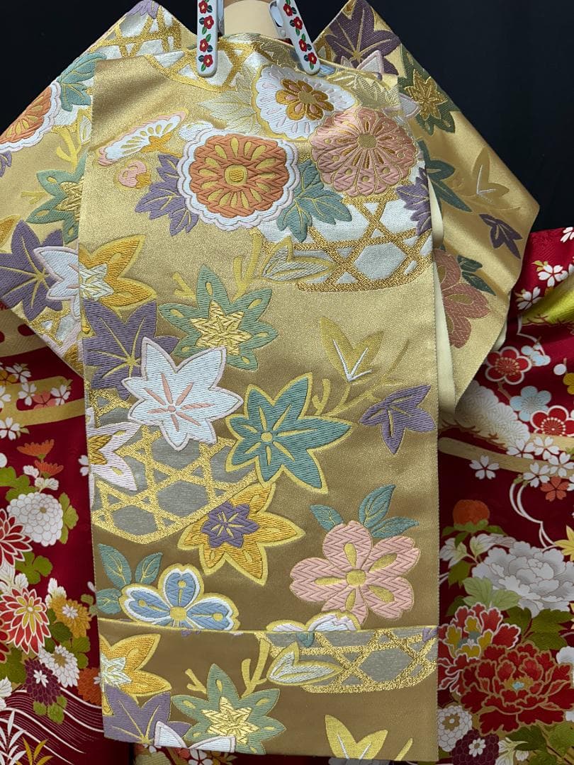 久保耕 京友禅 赤系 花筏 振り口付き振袖 袋帯 フルセット
