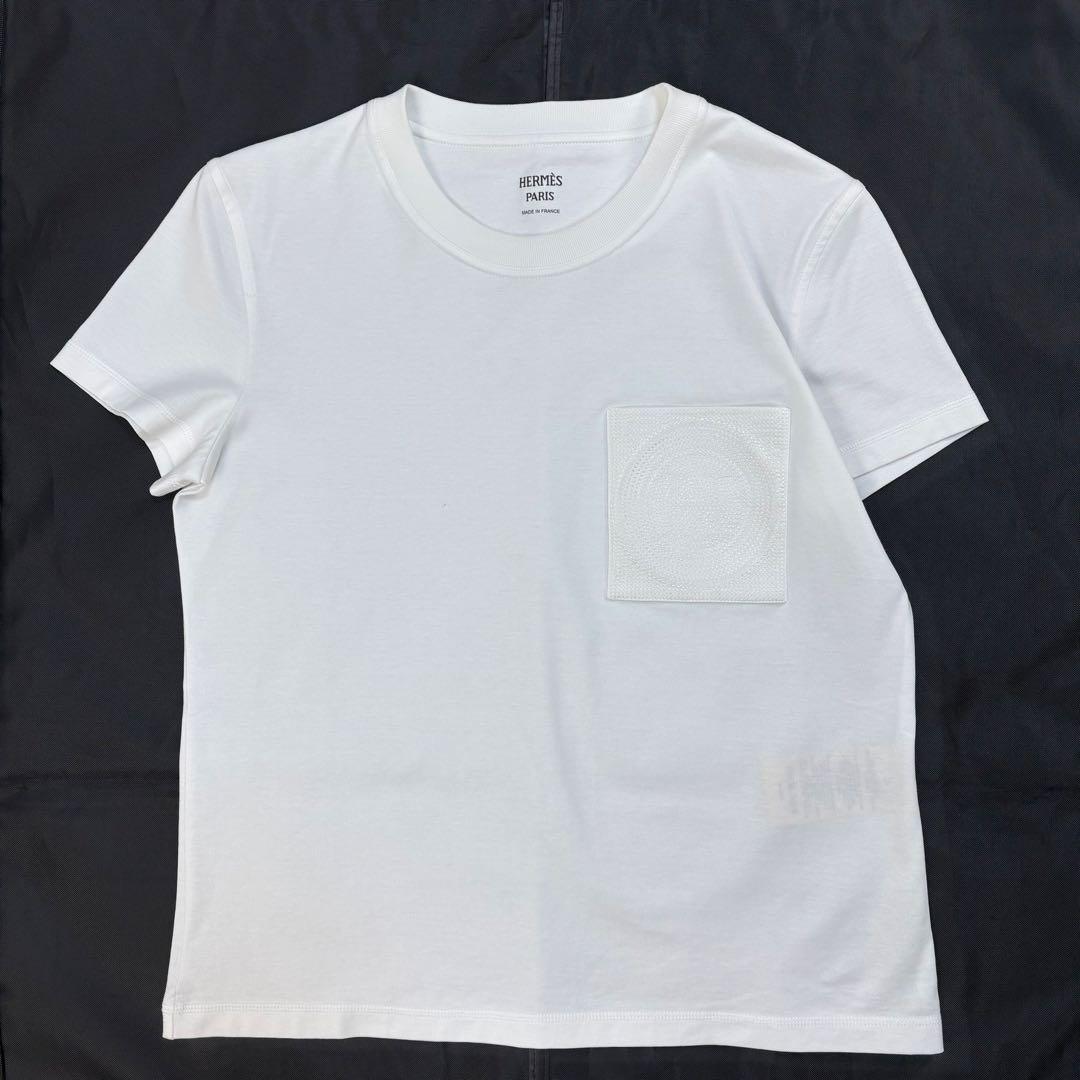 6251【未使用級・タグ付き】エルメス☆H刺繍ポケットTシャツ ホワイト 36
