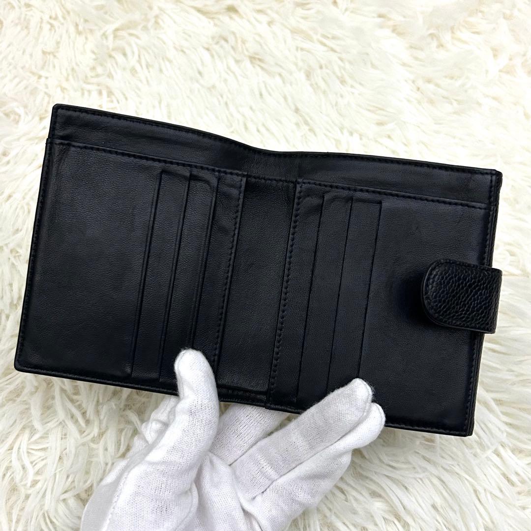 【美品】CHANEL ココマーク キャビアスキン 二つ折り財布 ブラック