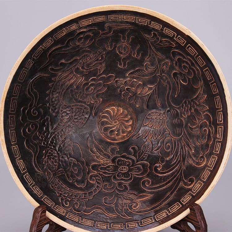 宋定窯彫刻烏金釉龍鳳碗 景徳鎮 陶磁器 装飾品 現代工芸品 美術品 置物