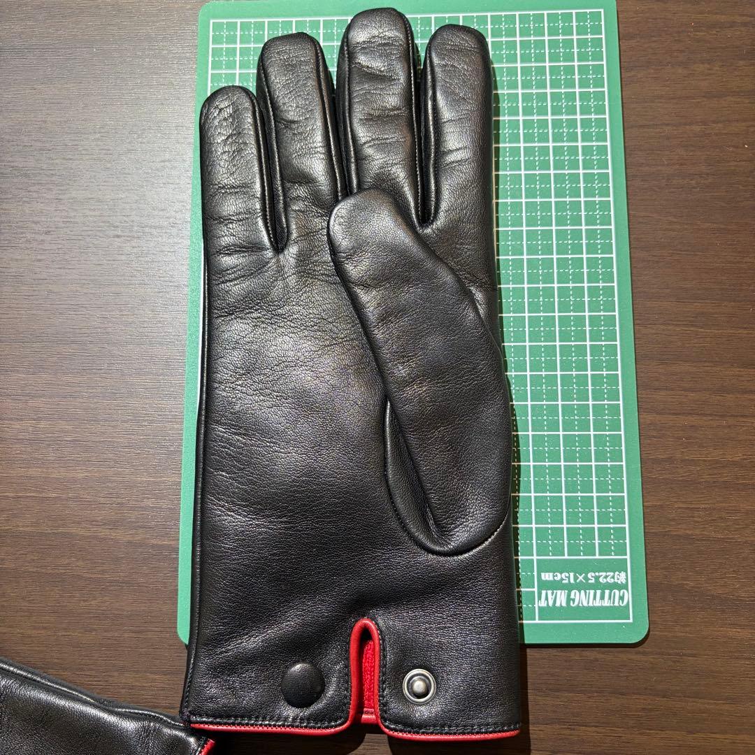 未使用 グッチ GUCCI ラムレザー カシミヤライナー ブラックレッド手袋