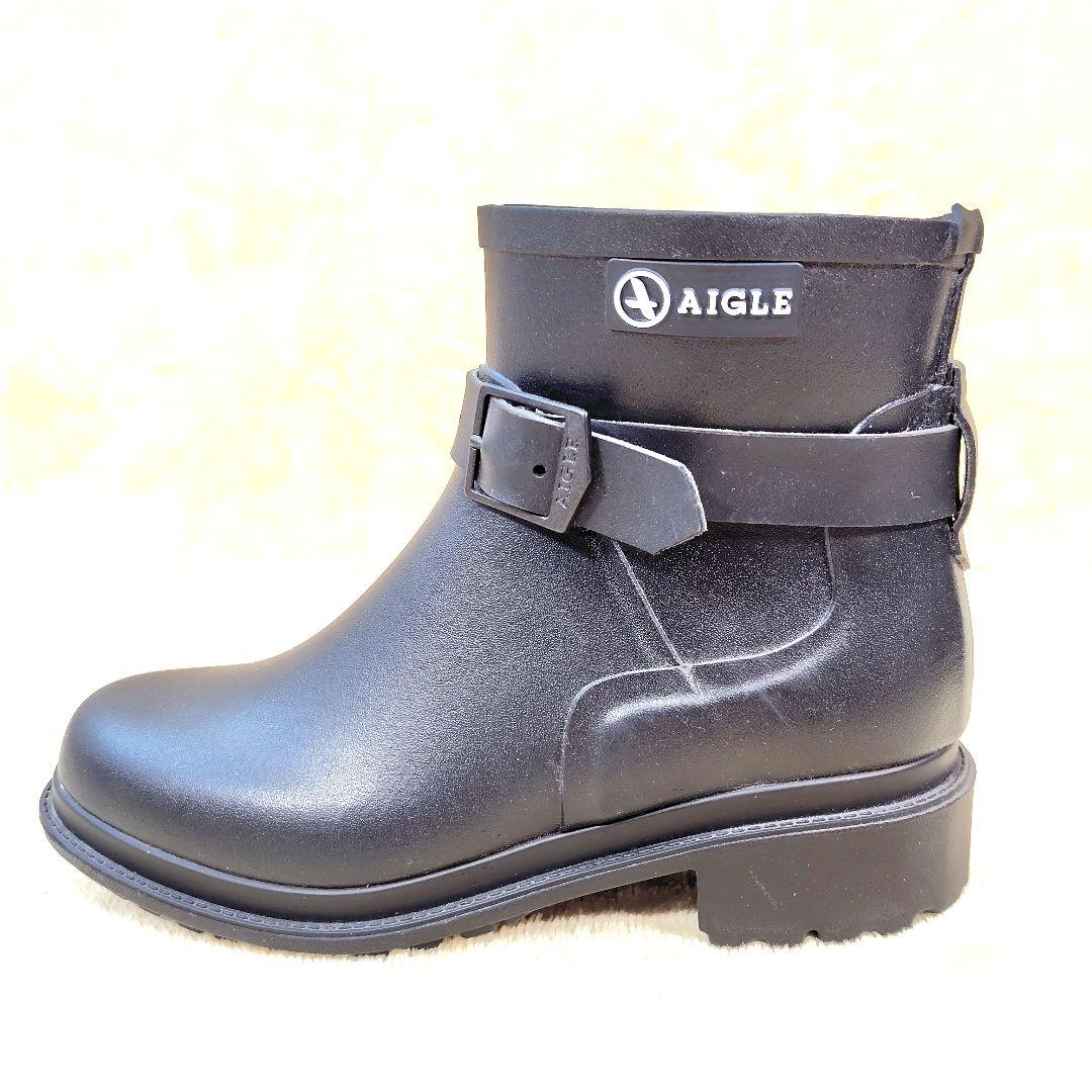 極美品 AIGLE エーグル レインブーツ 長靴 ベルト 25 ブラック 黒