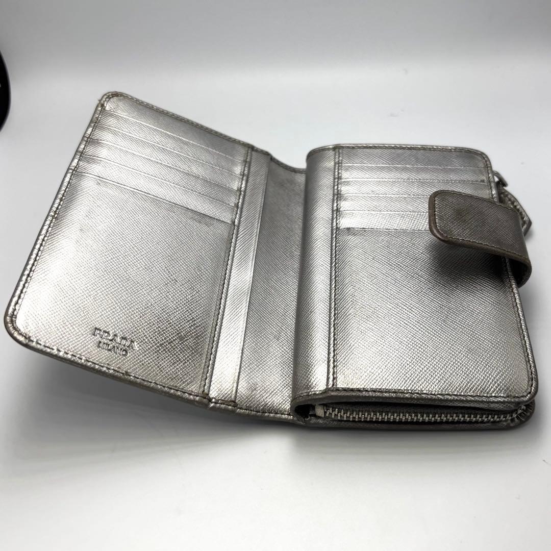 PRADA プラダ 二つ折り財布 サフィアーノレザー ブラック×シルバー　小銭入