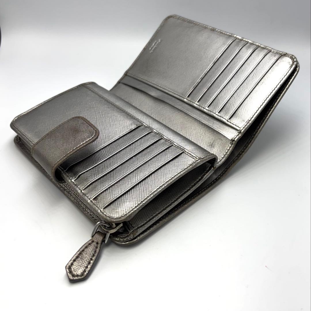 PRADA プラダ 二つ折り財布 サフィアーノレザー ブラック×シルバー　小銭入
