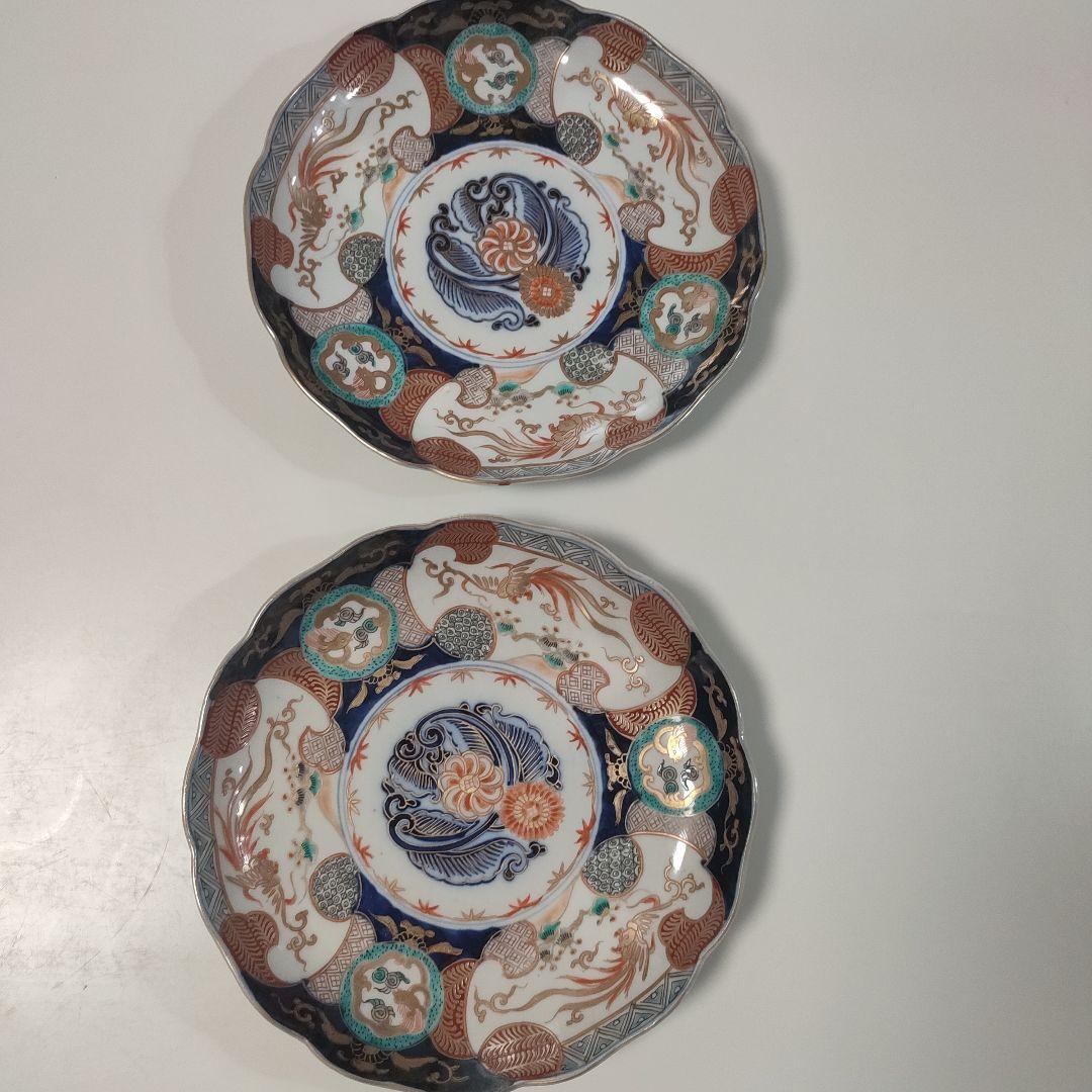 骨董 伊万里 色絵 龍鳳凰文皿 24cm×2枚　江戸後期