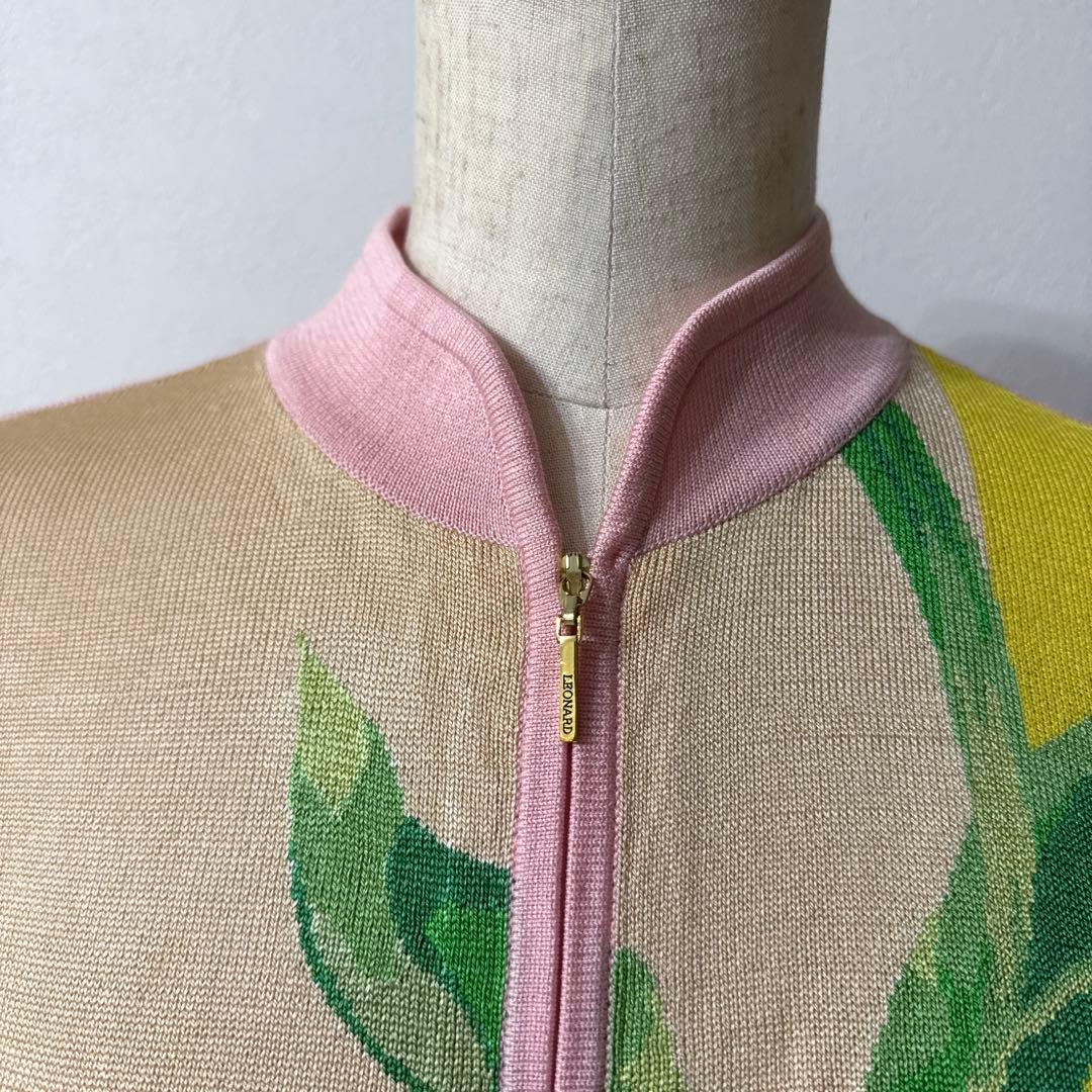 レオナール　カーディガン　ジップ　花柄　刺繍　ピンク