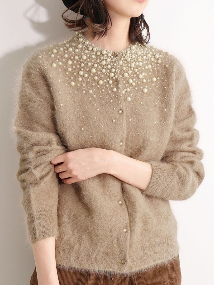 IENA LA BOUCLEアンゴラ混グラデーションパールビーズ刺繍カーディガン