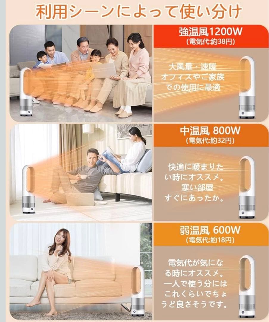 2025最新型タワーファン 扇風機 セラミックヒーター冷暖両用羽根なし