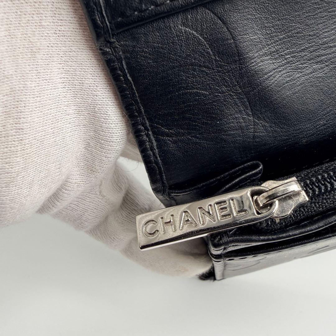 CHANEL シャネルカンボンラインラムスキンブラック 二つ折り財布