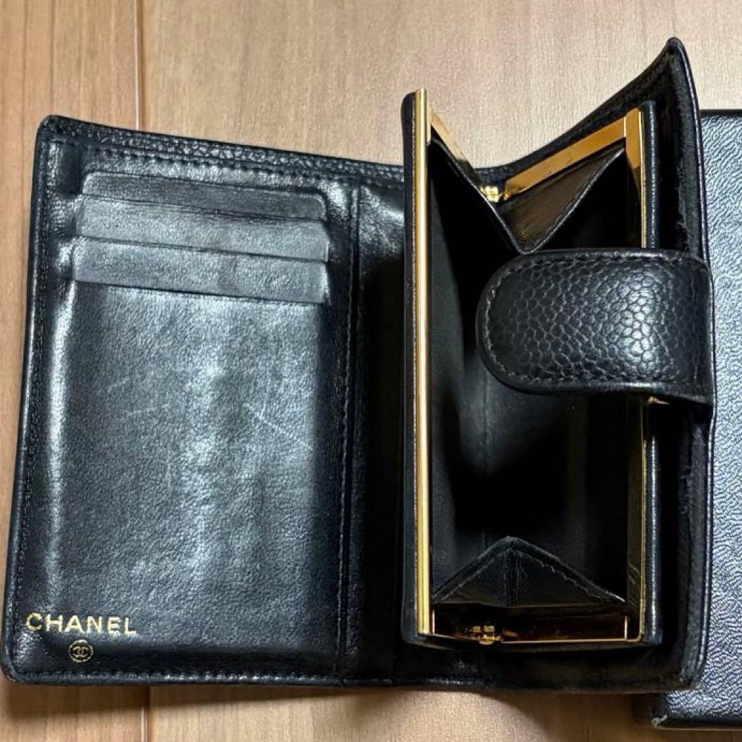 CHANEL シャネル キャビアスキン ココマーク がま口二つ折り財布 ブラック