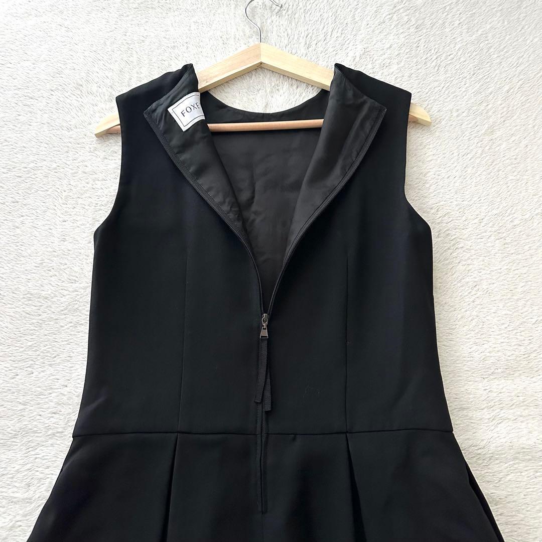 美品 FOXEY グログランリボン ノースリーブ フレア ワンピース 38 黒