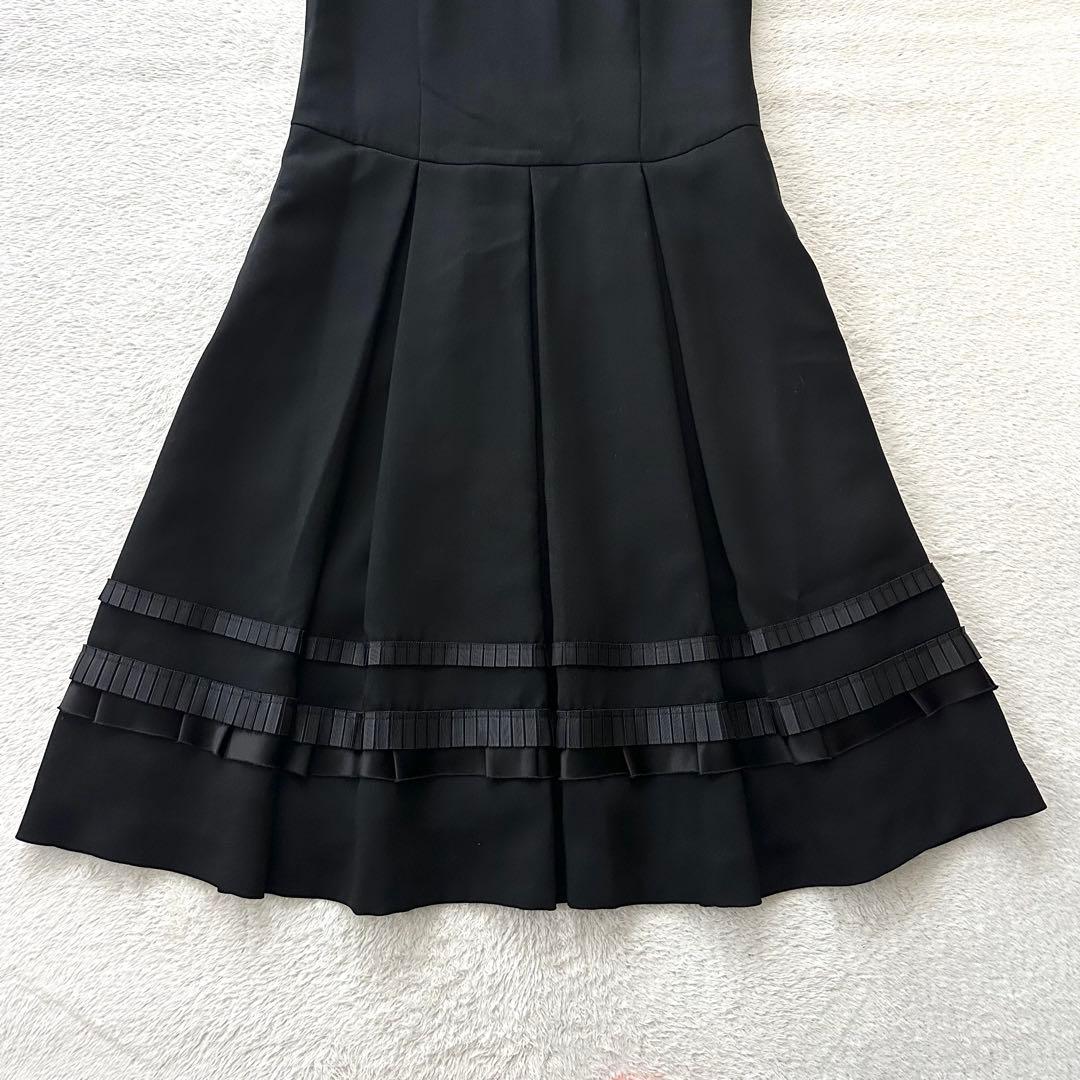 美品 FOXEY グログランリボン ノースリーブ フレア ワンピース 38 黒